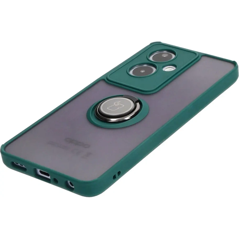 Etui z uchwytem na palec Bizon Case Hybrid Ring do Oppo A79 5G przydymione z ciemnozieloną ramką