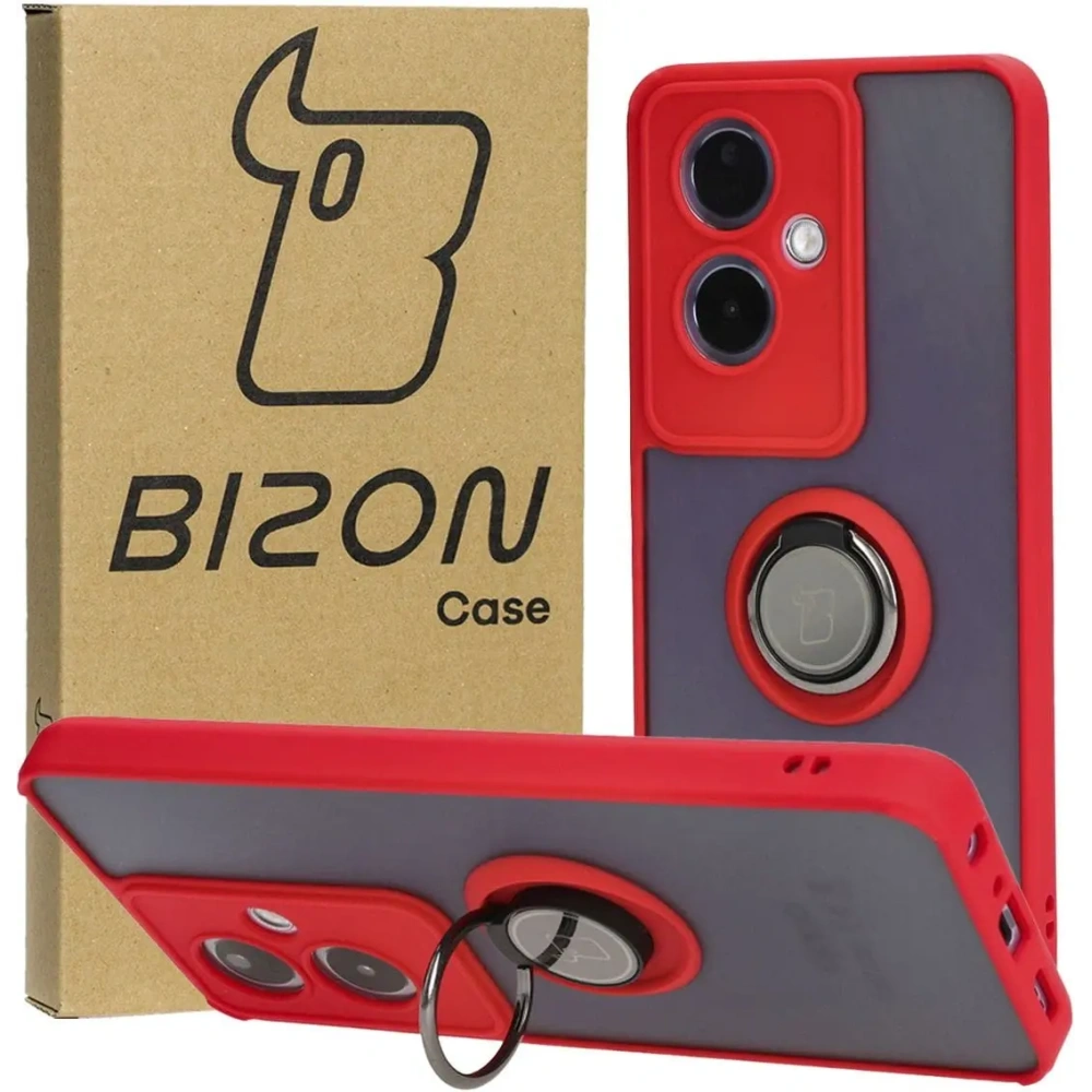 Etui z uchwytem na palec Bizon Case Hybrid Ring do Oppo A79 5G przydymione z czerwoną ramką