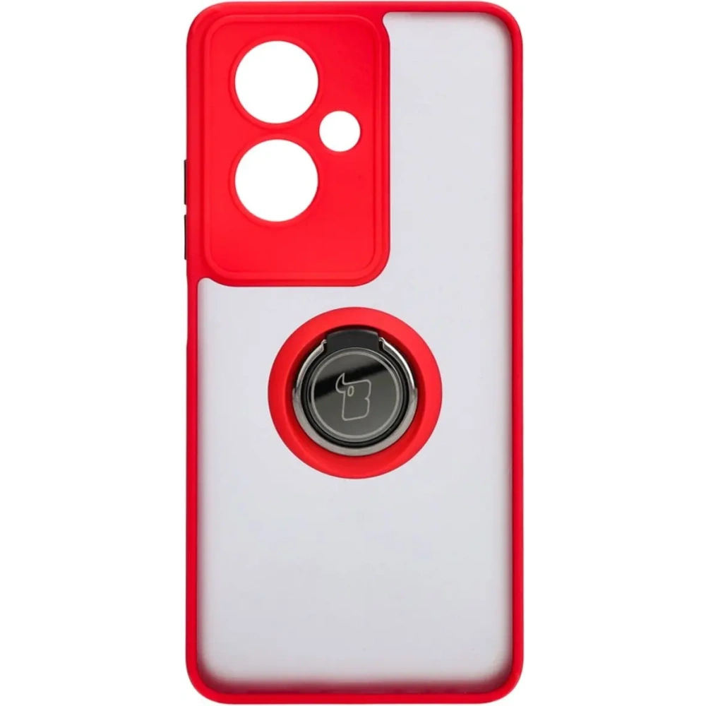 Etui z uchwytem na palec Bizon Case Hybrid Ring do Oppo A79 5G przydymione z czerwoną ramką