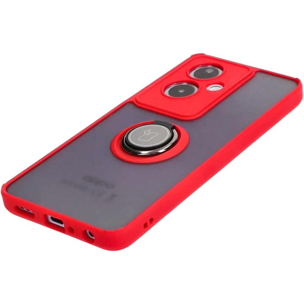 Etui z uchwytem na palec Bizon Case Hybrid Ring do Oppo A79 5G przydymione z czerwoną ramką