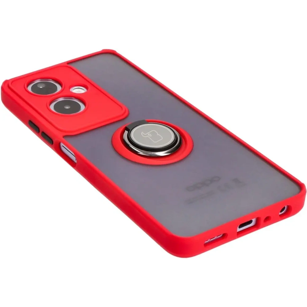Etui z uchwytem na palec Bizon Case Hybrid Ring do Oppo A79 5G przydymione z czerwoną ramką