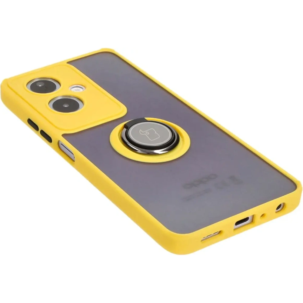 Etui z uchwytem na palec Bizon Case Hybrid Ring do Oppo A79 5G przydymione z żółtą ramką