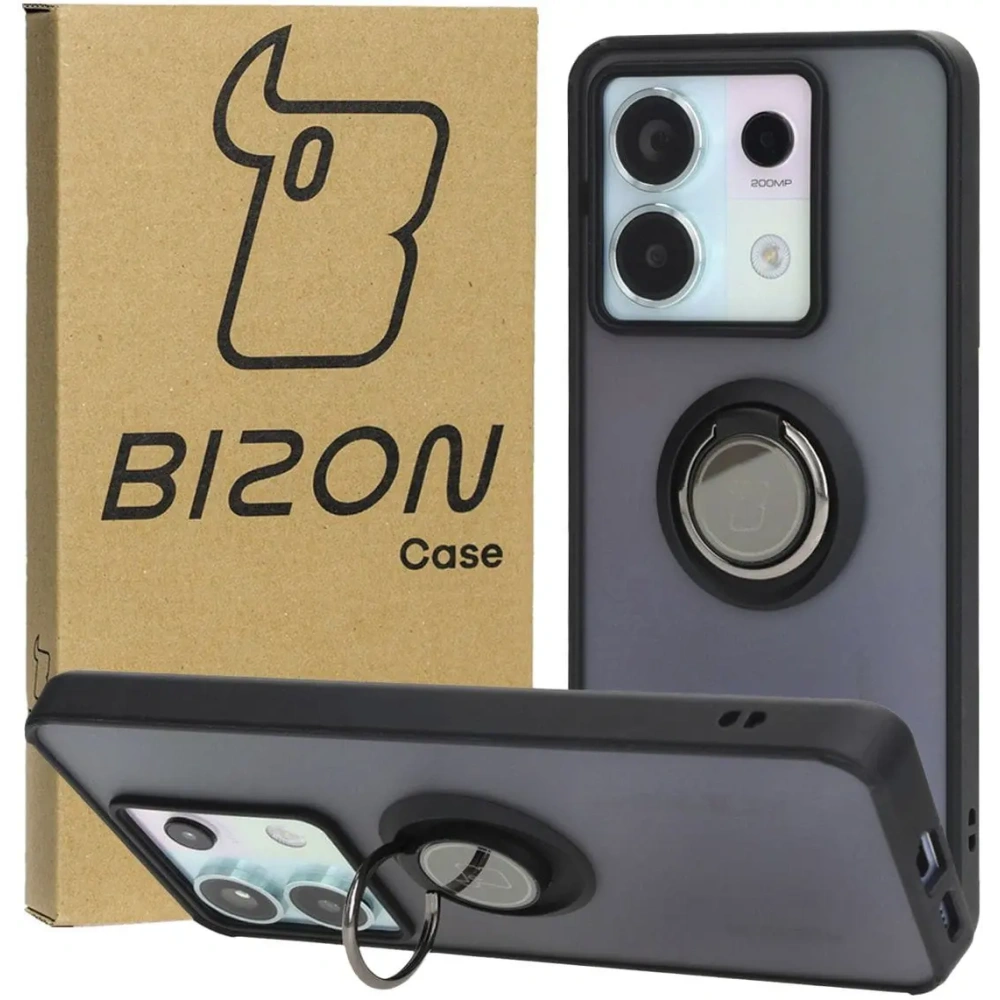 Etui z uchwytem na palec Bizon Case Hybrid Ring do Xiaomi Poco X6 / Xiaomi Redmi Note 13 Pro 5G przydymione z czarną ramką