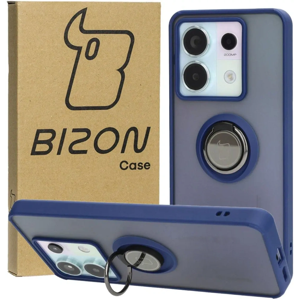 Etui z uchwytem na palec Bizon Case Hybrid Ring do Xiaomi Poco X6 / Xiaomi Redmi Note 13 Pro 5G przydymione z granatową ramką