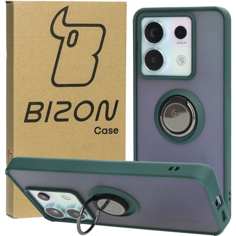 Etui z uchwytem na palec Bizon Case Hybrid Ring do Xiaomi Poco X6 / Xiaomi Redmi Note 13 Pro 5G przydymione z ciemnozieloną ramką