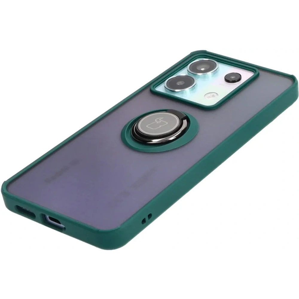 Etui z uchwytem na palec Bizon Case Hybrid Ring do Xiaomi Poco X6 / Xiaomi Redmi Note 13 Pro 5G przydymione z ciemnozieloną ramką