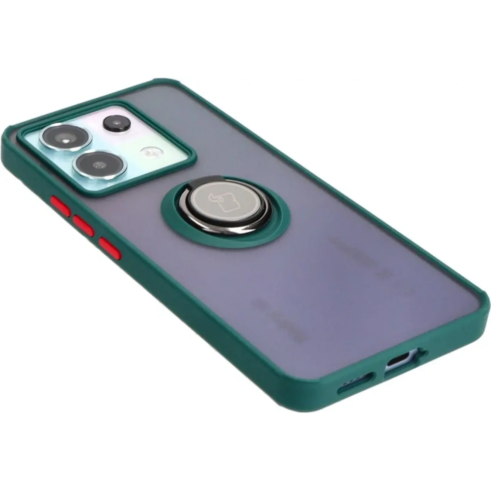 Etui z uchwytem na palec Bizon Case Hybrid Ring do Xiaomi Poco X6 / Xiaomi Redmi Note 13 Pro 5G przydymione z ciemnozieloną ramką