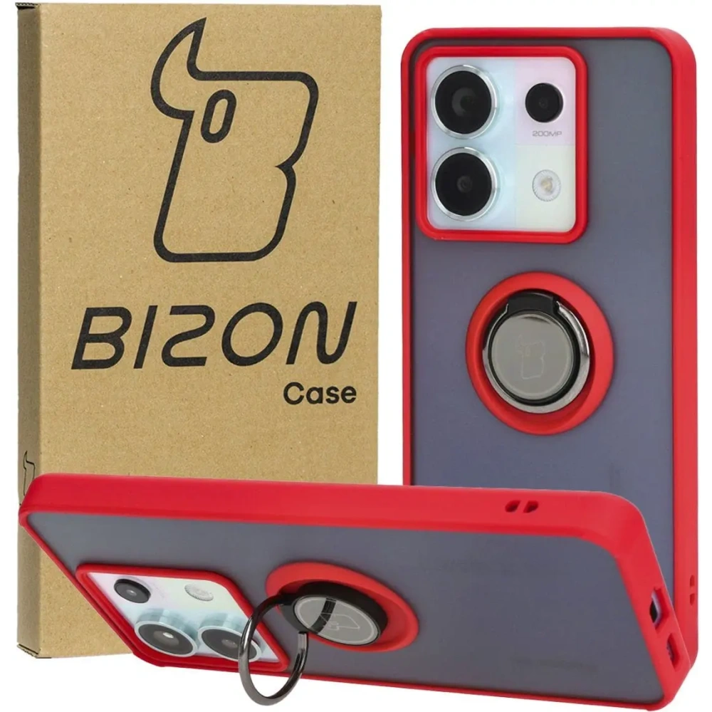 Etui z uchwytem na palec Bizon Case Hybrid Ring do Xiaomi Poco X6 / Xiaomi Redmi Note 13 Pro 5G przydymione z czerwoną ramką