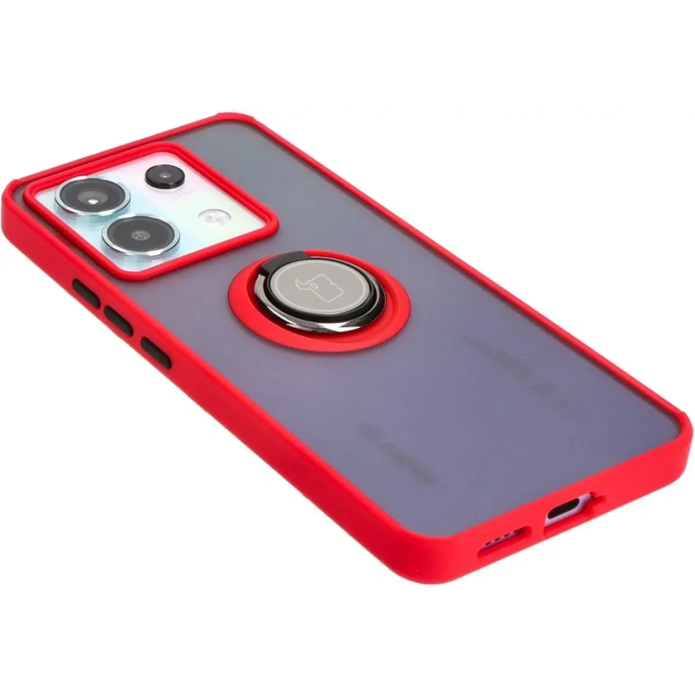 Etui z uchwytem na palec Bizon Case Hybrid Ring do Xiaomi Poco X6 / Xiaomi Redmi Note 13 Pro 5G przydymione z czerwoną ramką