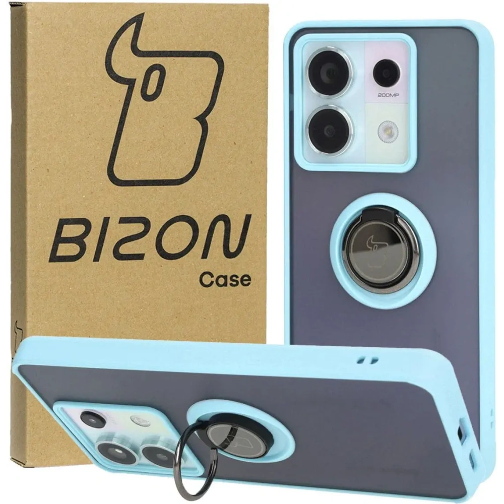 Etui z uchwytem na palec Bizon Case Hybrid Ring do Xiaomi Poco X6 / Xiaomi Redmi Note 13 Pro 5G przydymione z jasnoniebieską ramką