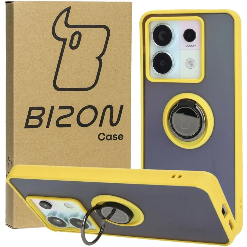 Etui z uchwytem na palec Bizon Case Hybrid Ring do Xiaomi Poco X6 / Xiaomi Redmi Note 13 Pro 5G przydymione z żółtą ramką