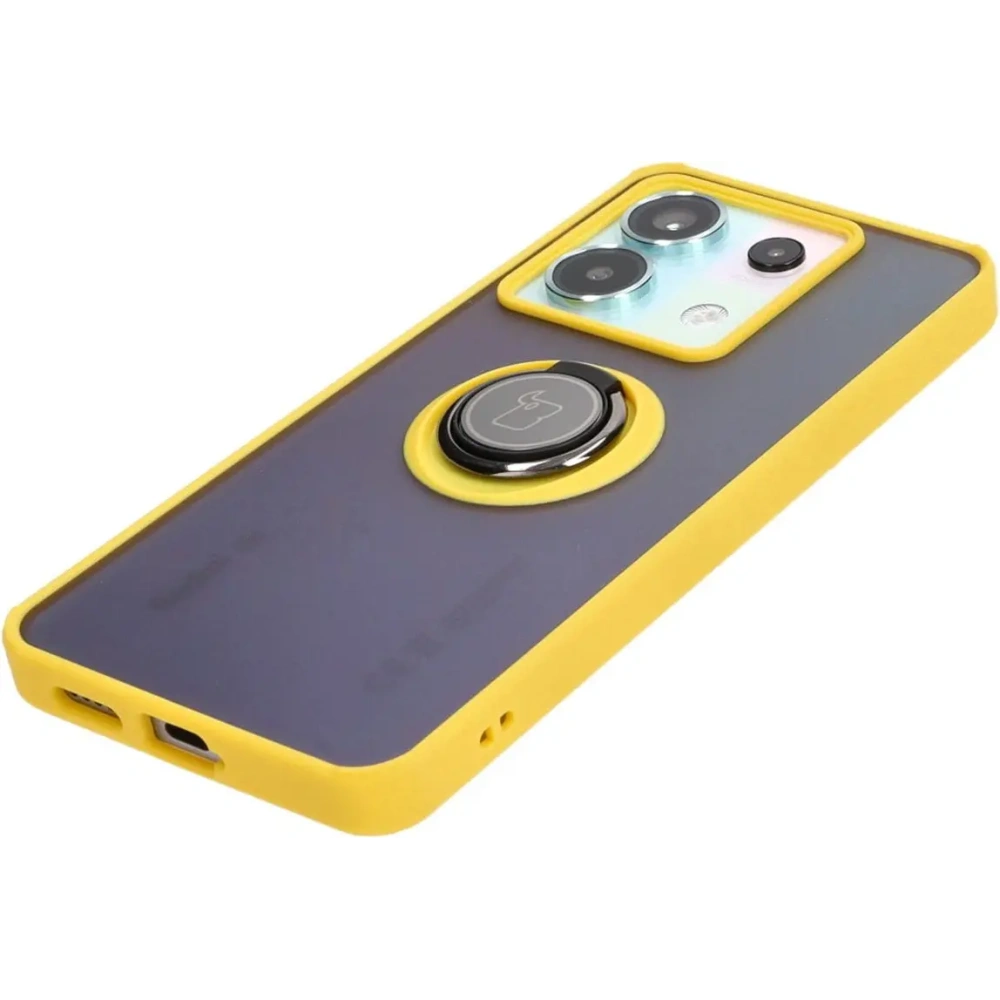 Etui z uchwytem na palec Bizon Case Hybrid Ring do Xiaomi Poco X6 / Xiaomi Redmi Note 13 Pro 5G przydymione z żółtą ramką