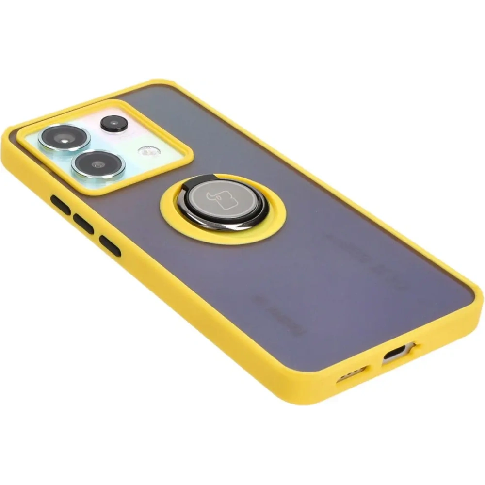 Etui z uchwytem na palec Bizon Case Hybrid Ring do Xiaomi Poco X6 / Xiaomi Redmi Note 13 Pro 5G przydymione z żółtą ramką