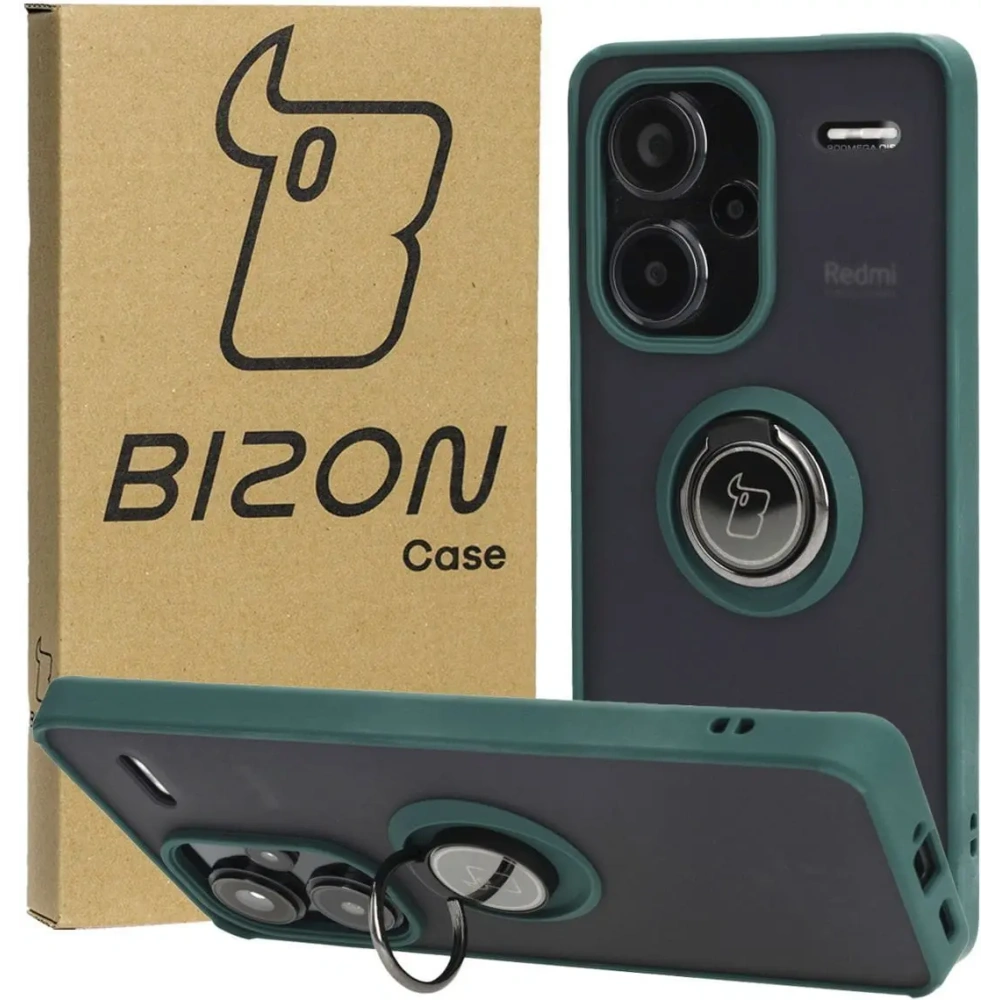 Etui z uchwytem na palec Bizon Case Hybrid Ring do Xiaomi Redmi Note 13 Pro+ 5G przydymione z ciemnozieloną ramką