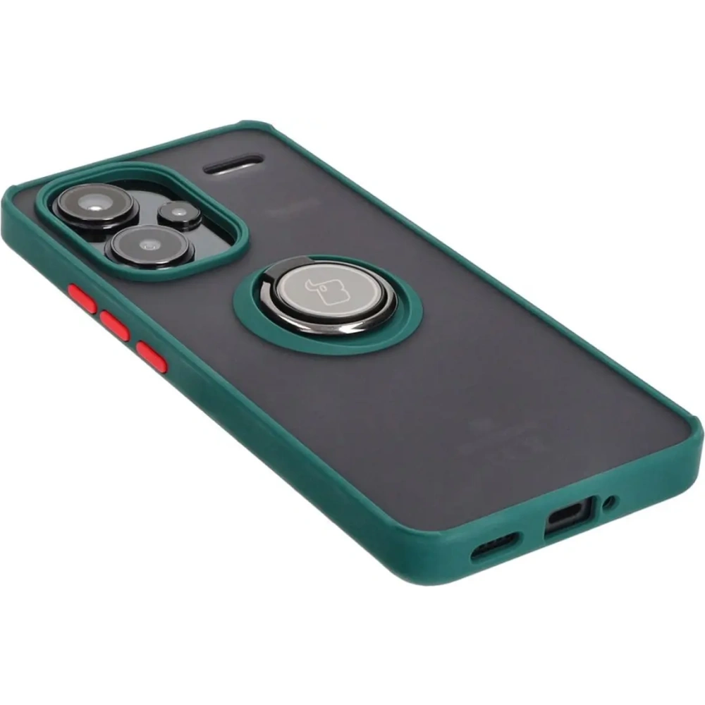 Etui z uchwytem na palec Bizon Case Hybrid Ring do Xiaomi Redmi Note 13 Pro+ 5G przydymione z ciemnozieloną ramką