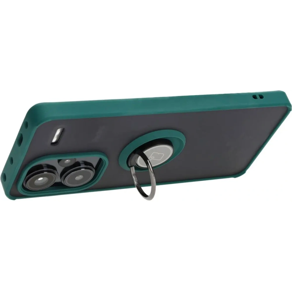 Etui z uchwytem na palec Bizon Case Hybrid Ring do Xiaomi Redmi Note 13 Pro+ 5G przydymione z ciemnozieloną ramką