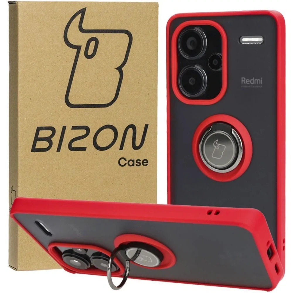 Etui z uchwytem na palec Bizon Case Hybrid Ring do Xiaomi Redmi Note 13 Pro+ 5G przydymione z czerwoną ramką
