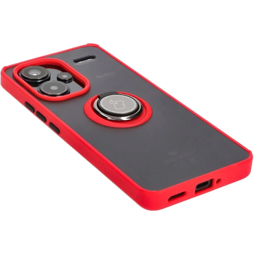 Etui z uchwytem na palec Bizon Case Hybrid Ring do Xiaomi Redmi Note 13 Pro+ 5G przydymione z czerwoną ramką