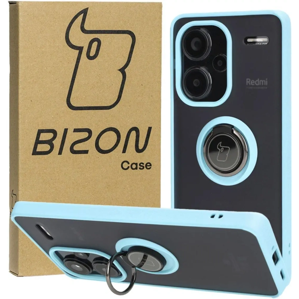 Etui z uchwytem na palec Bizon Case Hybrid Ring do Xiaomi Redmi Note 13 Pro+ 5G przydymione z jasnoniebieską ramką