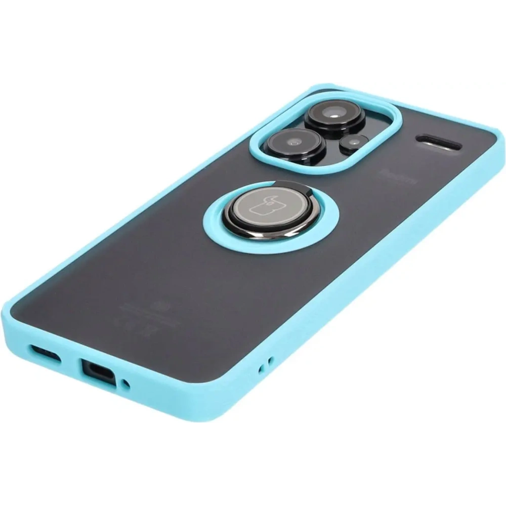 Etui z uchwytem na palec Bizon Case Hybrid Ring do Xiaomi Redmi Note 13 Pro+ 5G przydymione z jasnoniebieską ramką