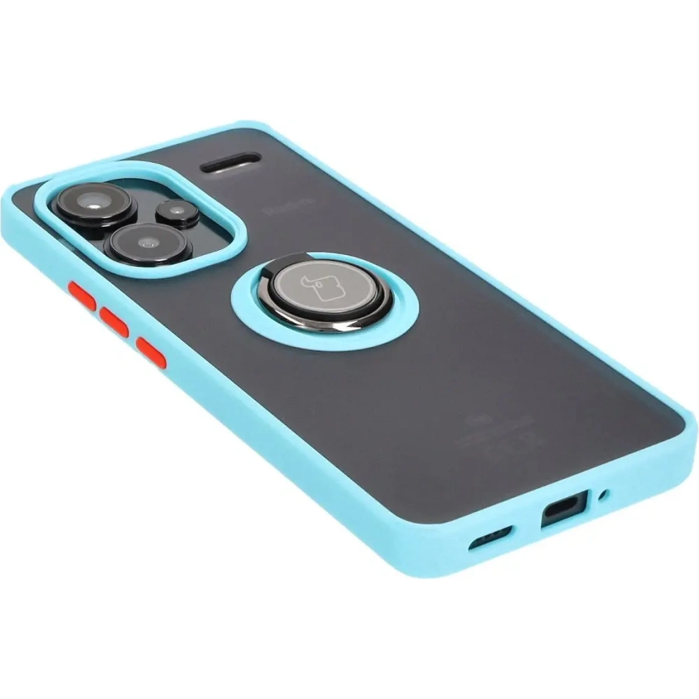 Etui z uchwytem na palec Bizon Case Hybrid Ring do Xiaomi Redmi Note 13 Pro+ 5G przydymione z jasnoniebieską ramką