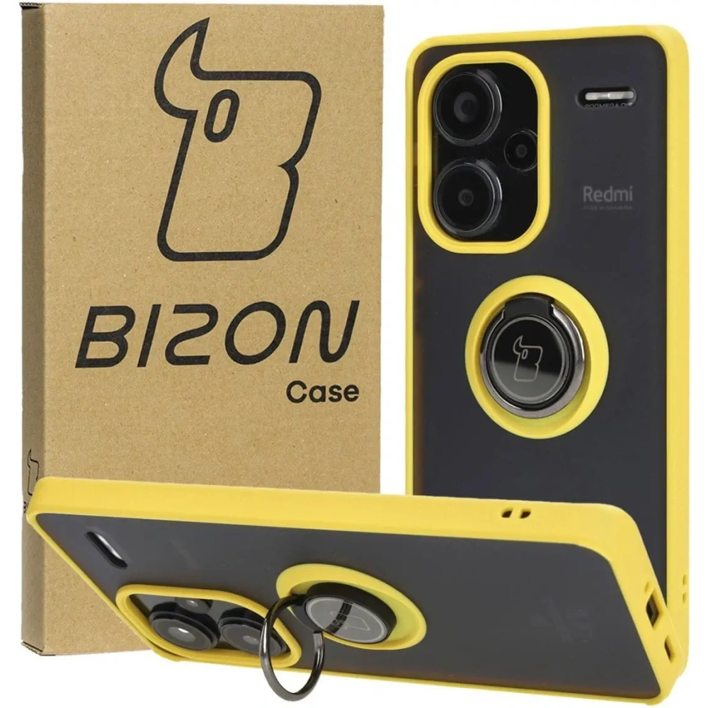 Etui z uchwytem na palec Bizon Case Hybrid Ring do Xiaomi Redmi Note 13 Pro+ 5G przydymione z żółtą ramką