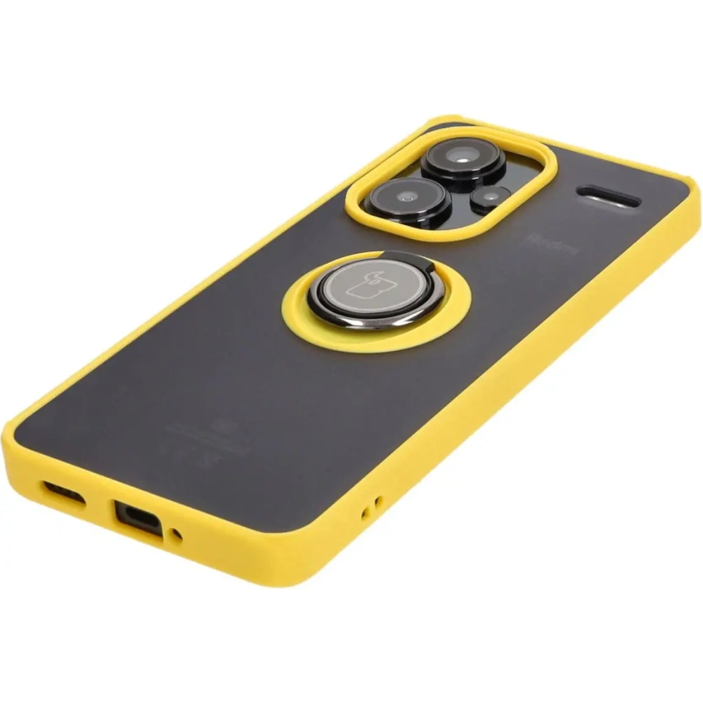 Etui z uchwytem na palec Bizon Case Hybrid Ring do Xiaomi Redmi Note 13 Pro+ 5G przydymione z żółtą ramką