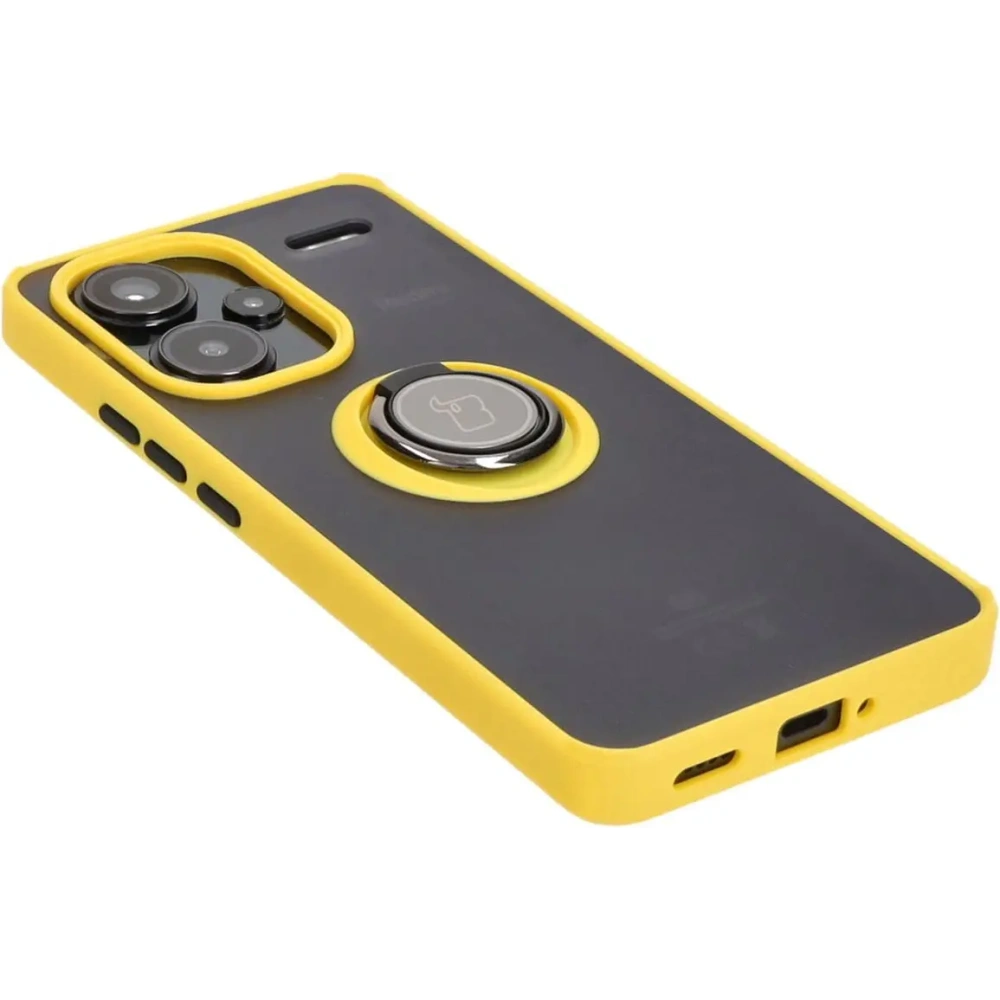 Etui z uchwytem na palec Bizon Case Hybrid Ring do Xiaomi Redmi Note 13 Pro+ 5G przydymione z żółtą ramką