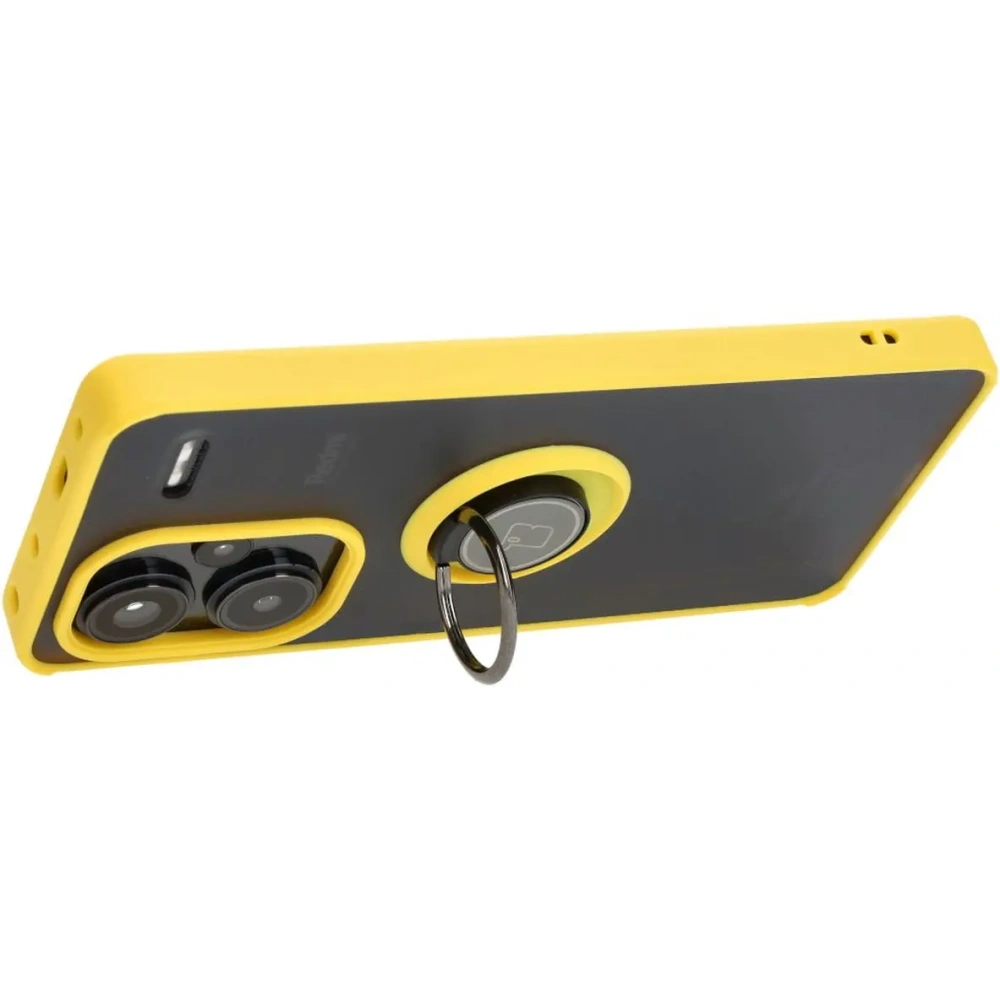 Etui z uchwytem na palec Bizon Case Hybrid Ring do Xiaomi Redmi Note 13 Pro+ 5G przydymione z żółtą ramką