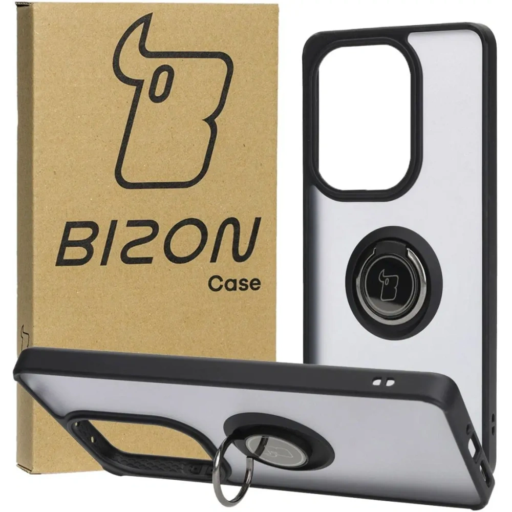 Etui z uchwytem na palec Bizon Case Hybrid Ring do Xiaomi Poco M6 Pro 4G / Xiaomi Redmi Note 13 Pro 4G / LTE / 14S przydymione z czarną ramką