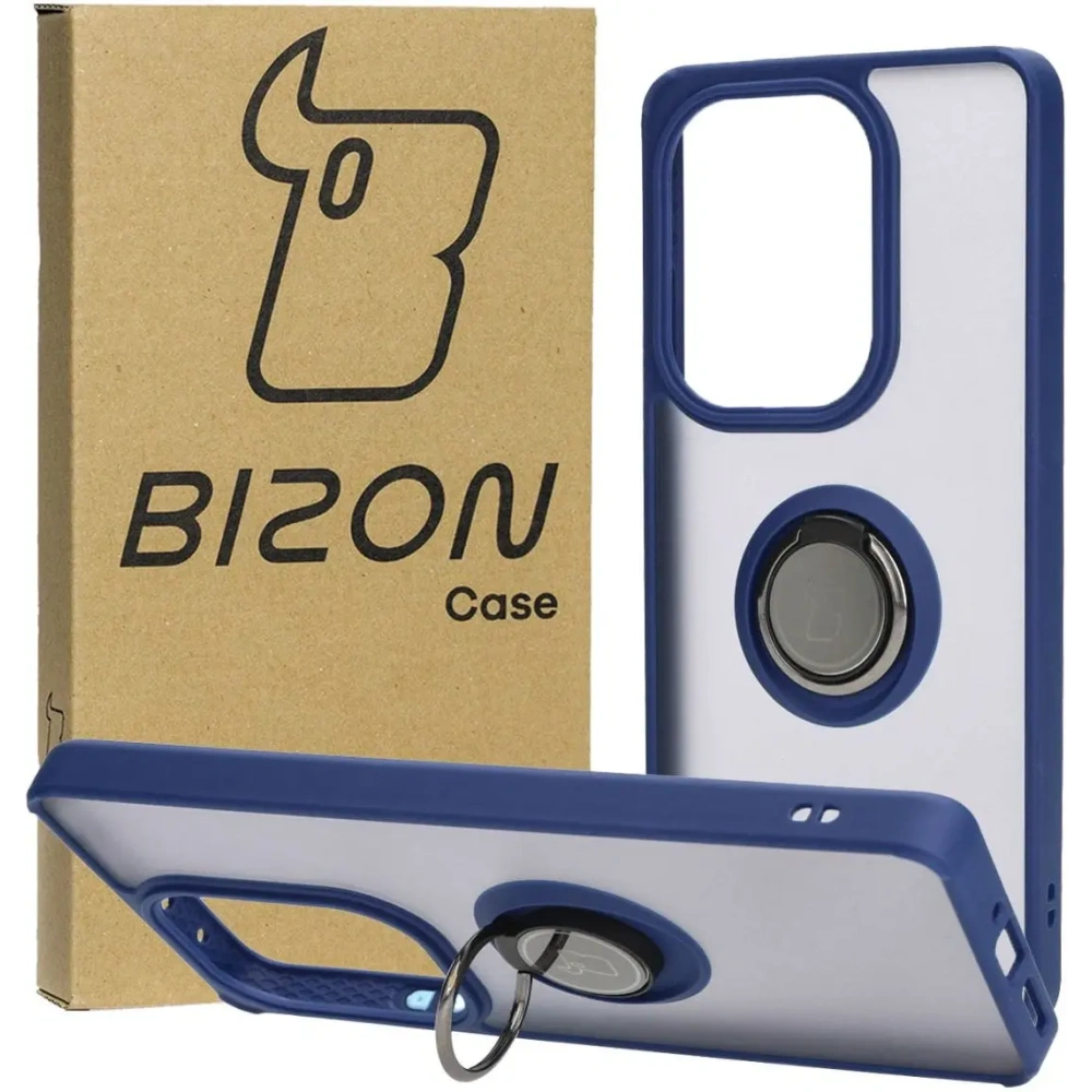 Etui z uchwytem na palec Bizon Case Hybrid Ring do Xiaomi Poco M6 Pro 4G / Xiaomi Redmi Note 13 Pro 4G / LTE / 14S przydymione z granatową ramką