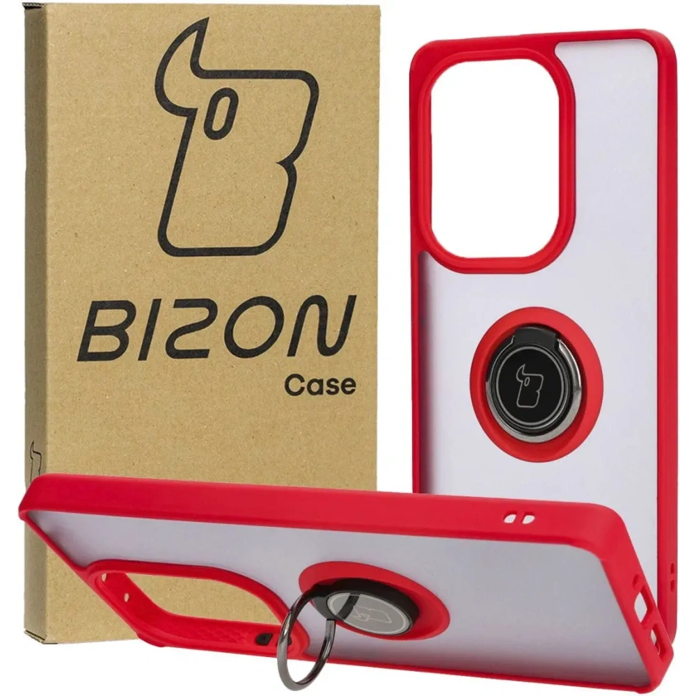 Etui z uchwytem na palec Bizon Case Hybrid Ring do Xiaomi Poco M6 Pro 4G / Xiaomi Redmi Note 13 Pro 4G / LTE / 14S przydymione z czerwoną ramką