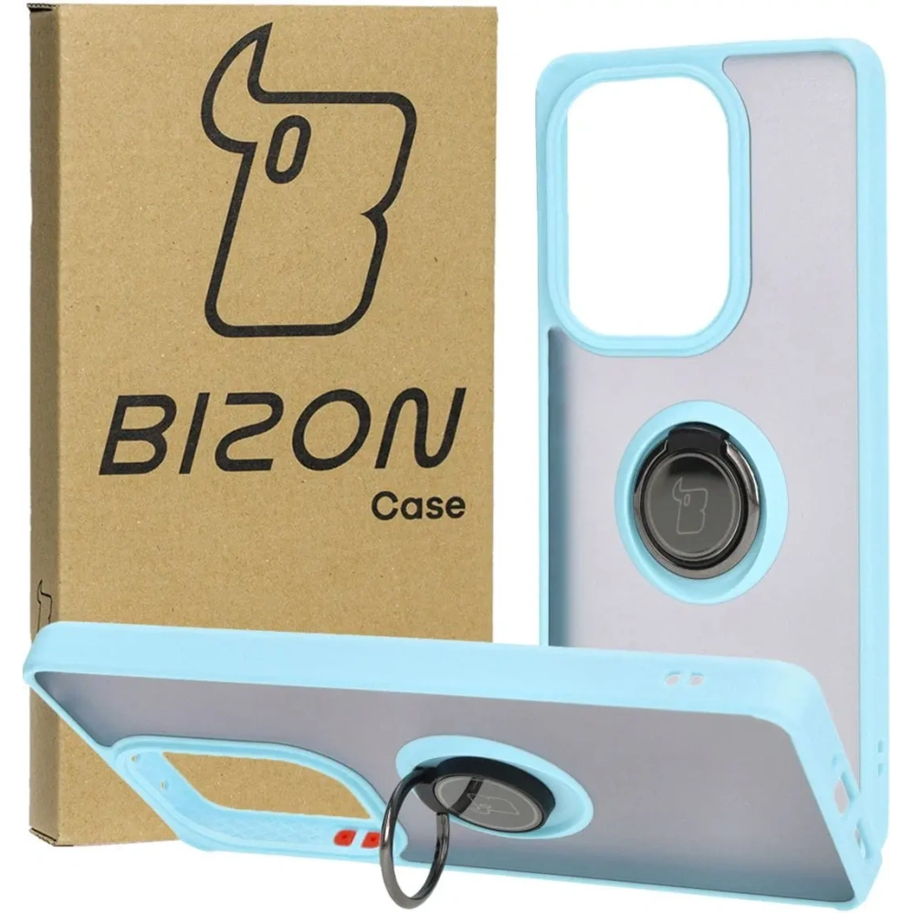Etui z uchwytem na palec Bizon Case Hybrid Ring do Xiaomi Poco M6 Pro 4G / Xiaomi Redmi Note 13 Pro 4G / LTE / 14S przydymione z jasnoniebieską ramką