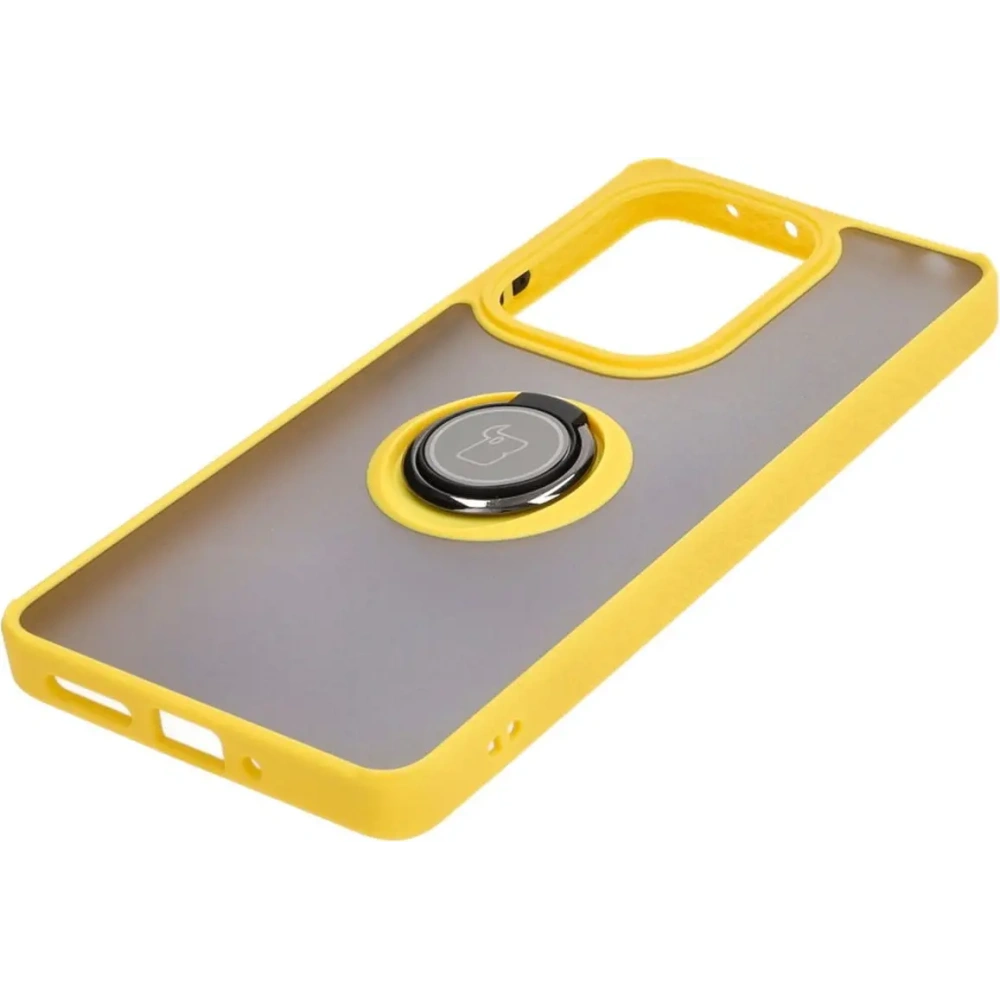 Etui z uchwytem na palec Bizon Case Hybrid Ring do Xiaomi Poco M6 Pro 4G / Xiaomi Redmi Note 13 Pro 4G / LTE / 14S przydymione z żółtą ramką