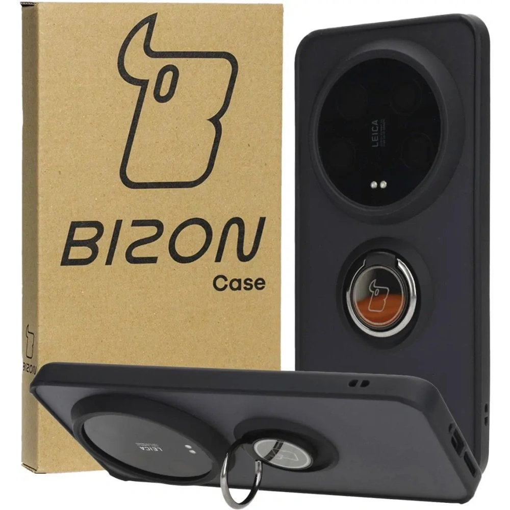 Etui z uchwytem na palec Bizon Case Hybrid Ring do Xiaomi 14 Ultra przydymione z czarną ramką
