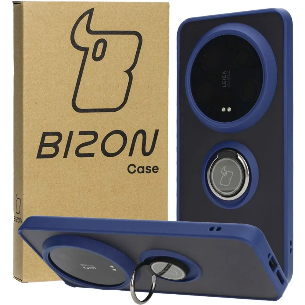 Etui z uchwytem na palec Bizon Case Hybrid Ring do Xiaomi 14 Ultra przydymione z granatową ramką