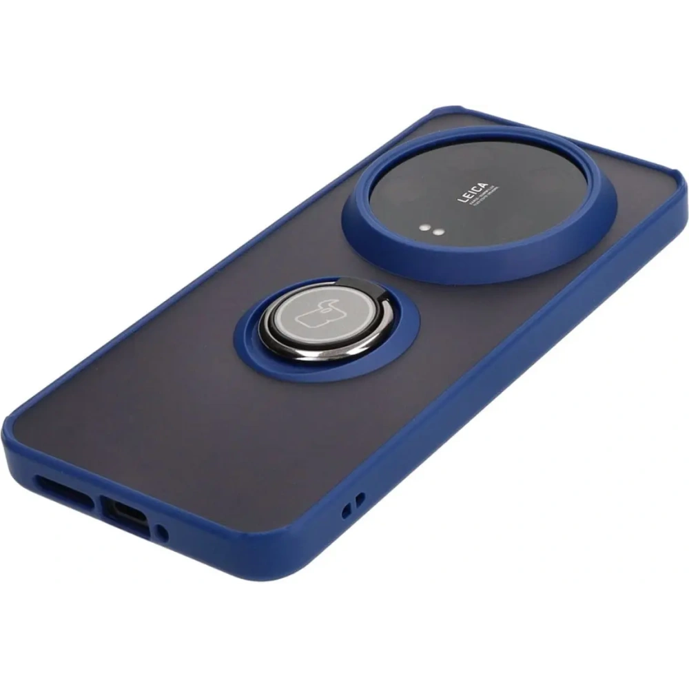 Etui z uchwytem na palec Bizon Case Hybrid Ring do Xiaomi 14 Ultra przydymione z granatową ramką