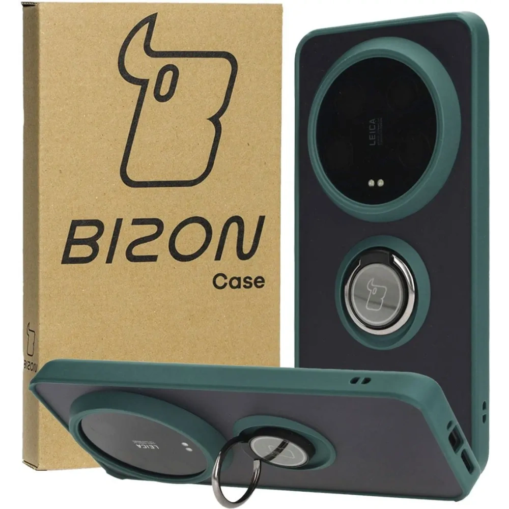 Etui z uchwytem na palec Bizon Case Hybrid Ring do Xiaomi 14 Ultra przydymione z ciemnozieloną ramką