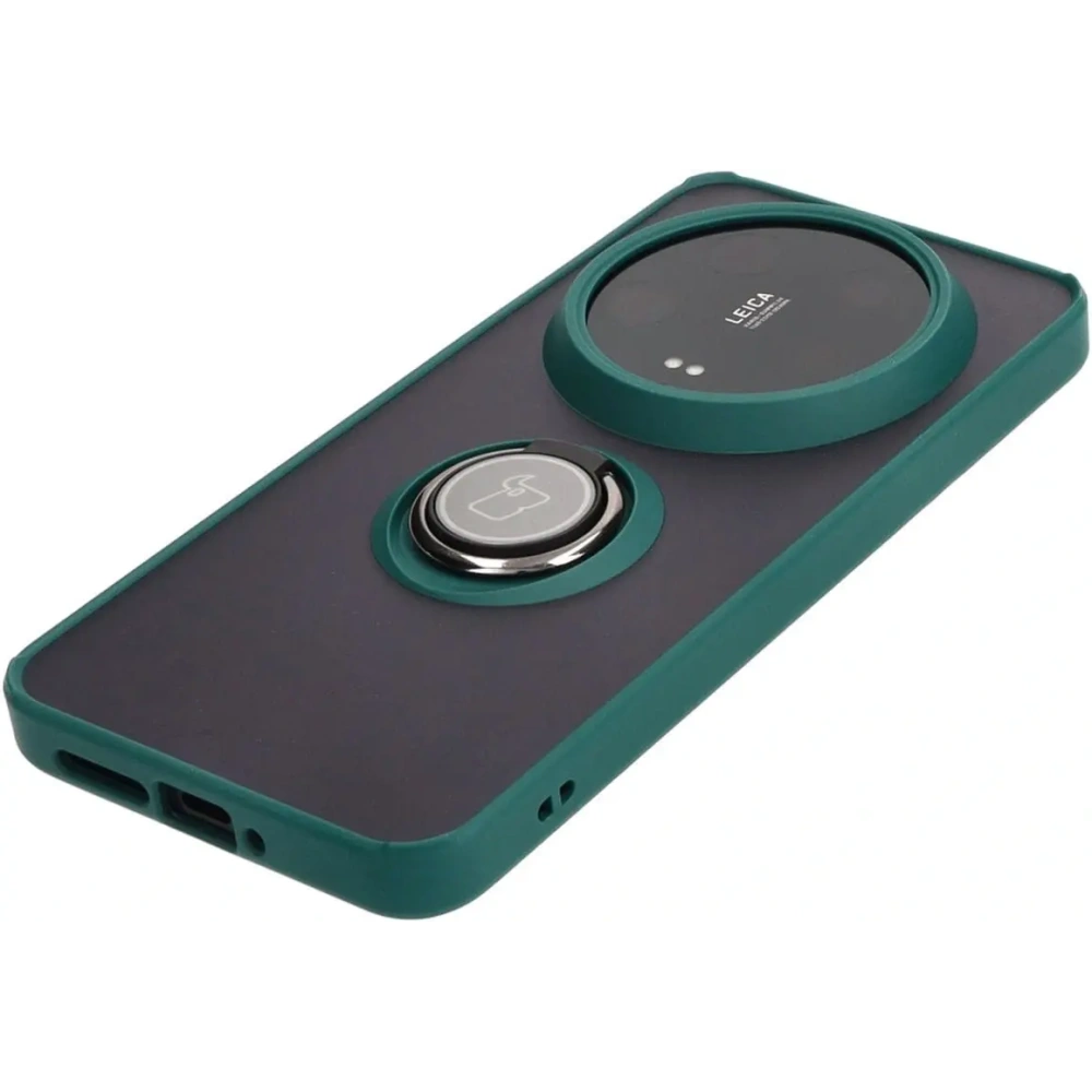 Etui z uchwytem na palec Bizon Case Hybrid Ring do Xiaomi 14 Ultra przydymione z ciemnozieloną ramką