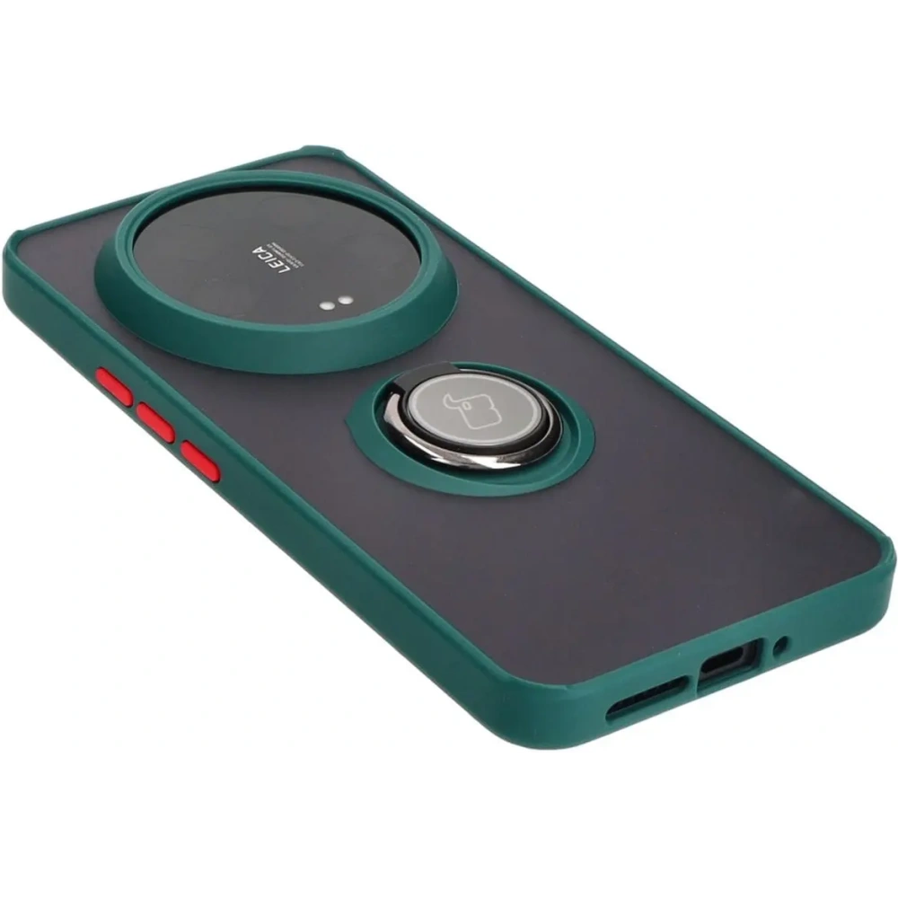 Etui z uchwytem na palec Bizon Case Hybrid Ring do Xiaomi 14 Ultra przydymione z ciemnozieloną ramką