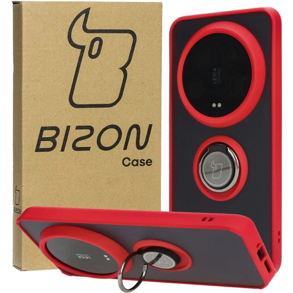 Etui z uchwytem na palec Bizon Case Hybrid Ring do Xiaomi 14 Ultra przydymione z czerwoną ramką