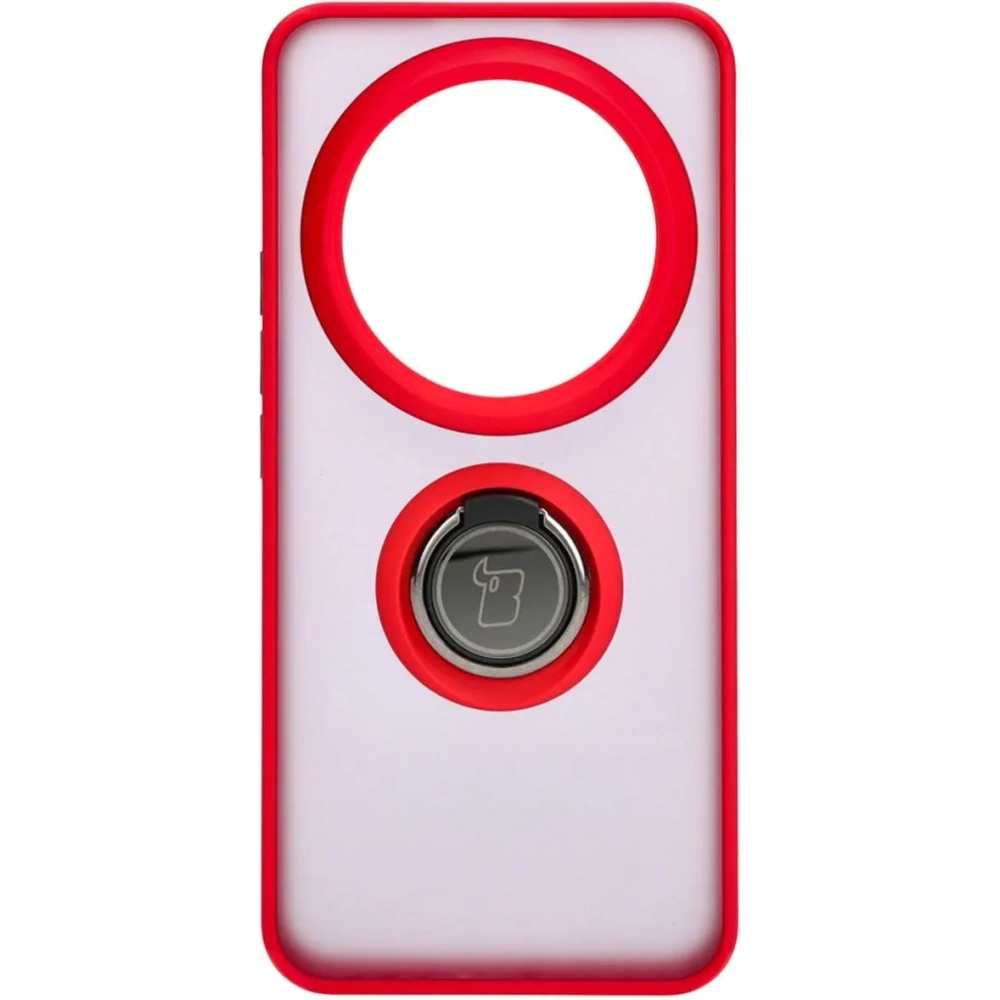 Etui z uchwytem na palec Bizon Case Hybrid Ring do Xiaomi 14 Ultra przydymione z czerwoną ramką