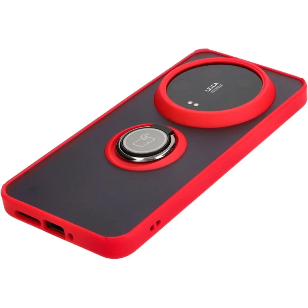 Etui z uchwytem na palec Bizon Case Hybrid Ring do Xiaomi 14 Ultra przydymione z czerwoną ramką