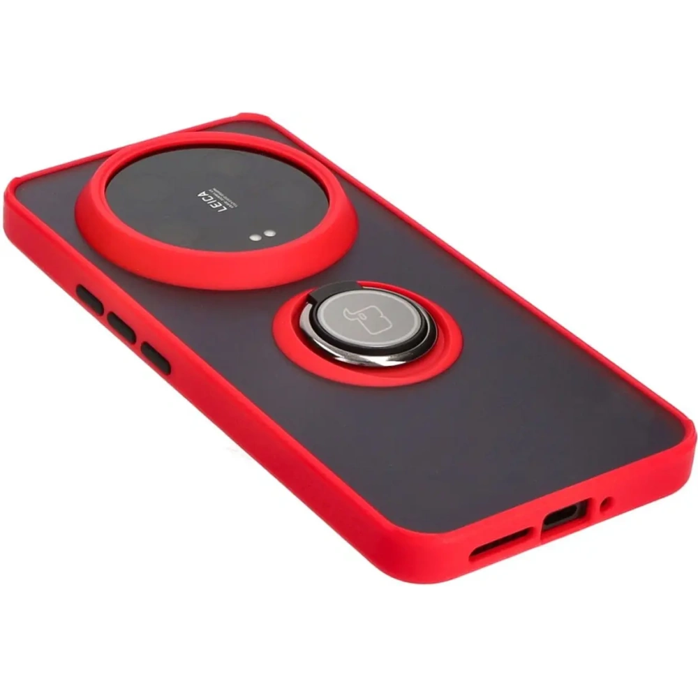 Etui z uchwytem na palec Bizon Case Hybrid Ring do Xiaomi 14 Ultra przydymione z czerwoną ramką