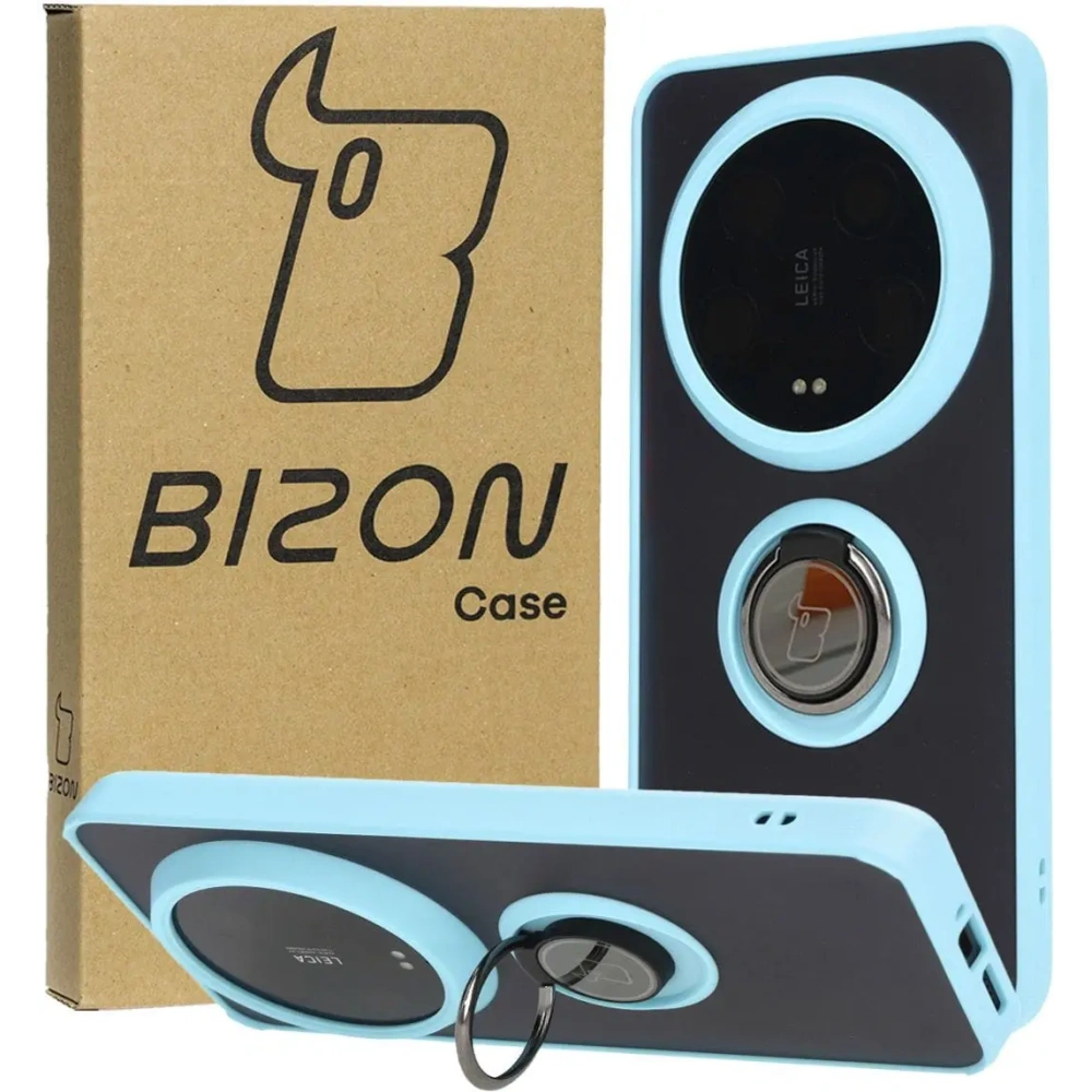 Etui z uchwytem na palec Bizon Case Hybrid Ring do Xiaomi 14 Ultra przydymione z jasnoniebieską ramką