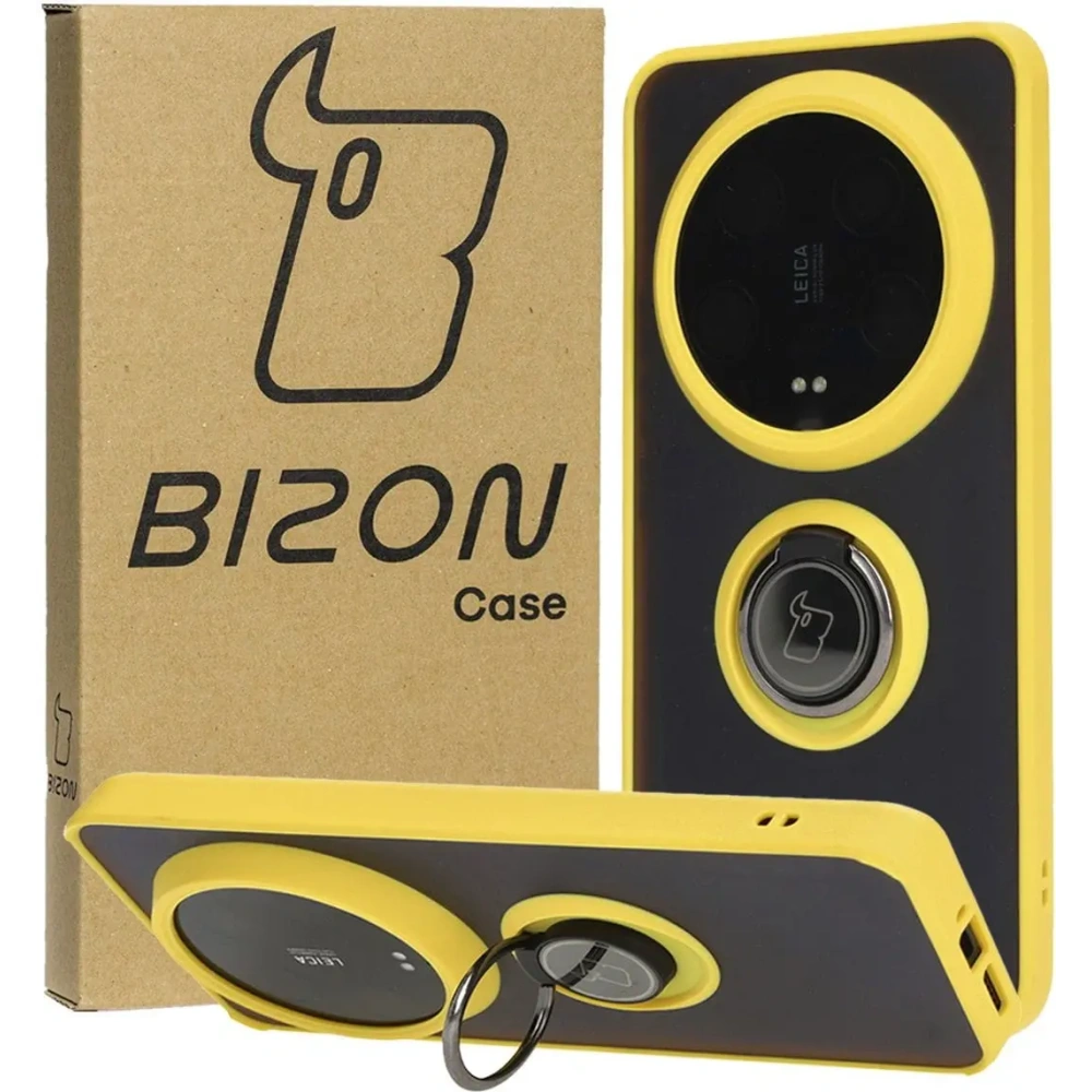 Etui z uchwytem na palec Bizon Case Hybrid Ring do Xiaomi 14 Ultra przydymione z żółtą ramką