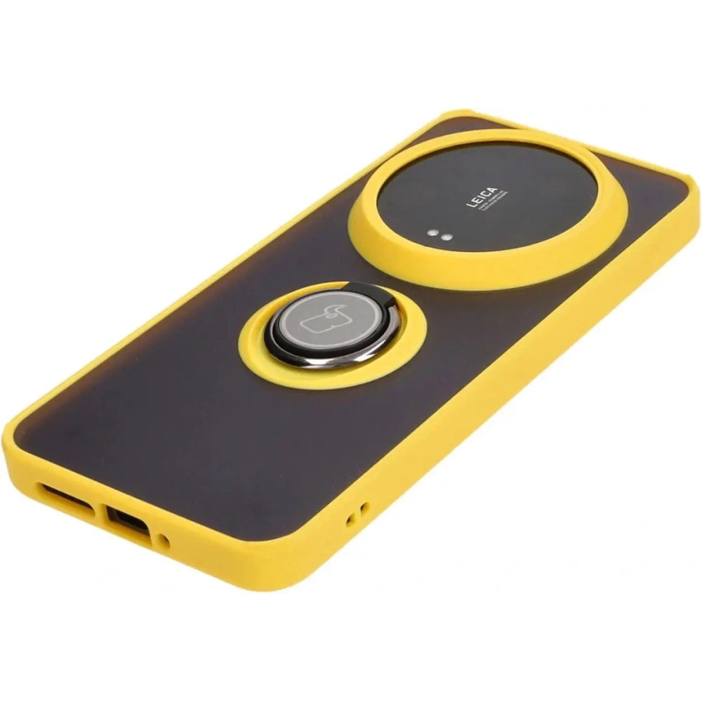 Etui z uchwytem na palec Bizon Case Hybrid Ring do Xiaomi 14 Ultra przydymione z żółtą ramką