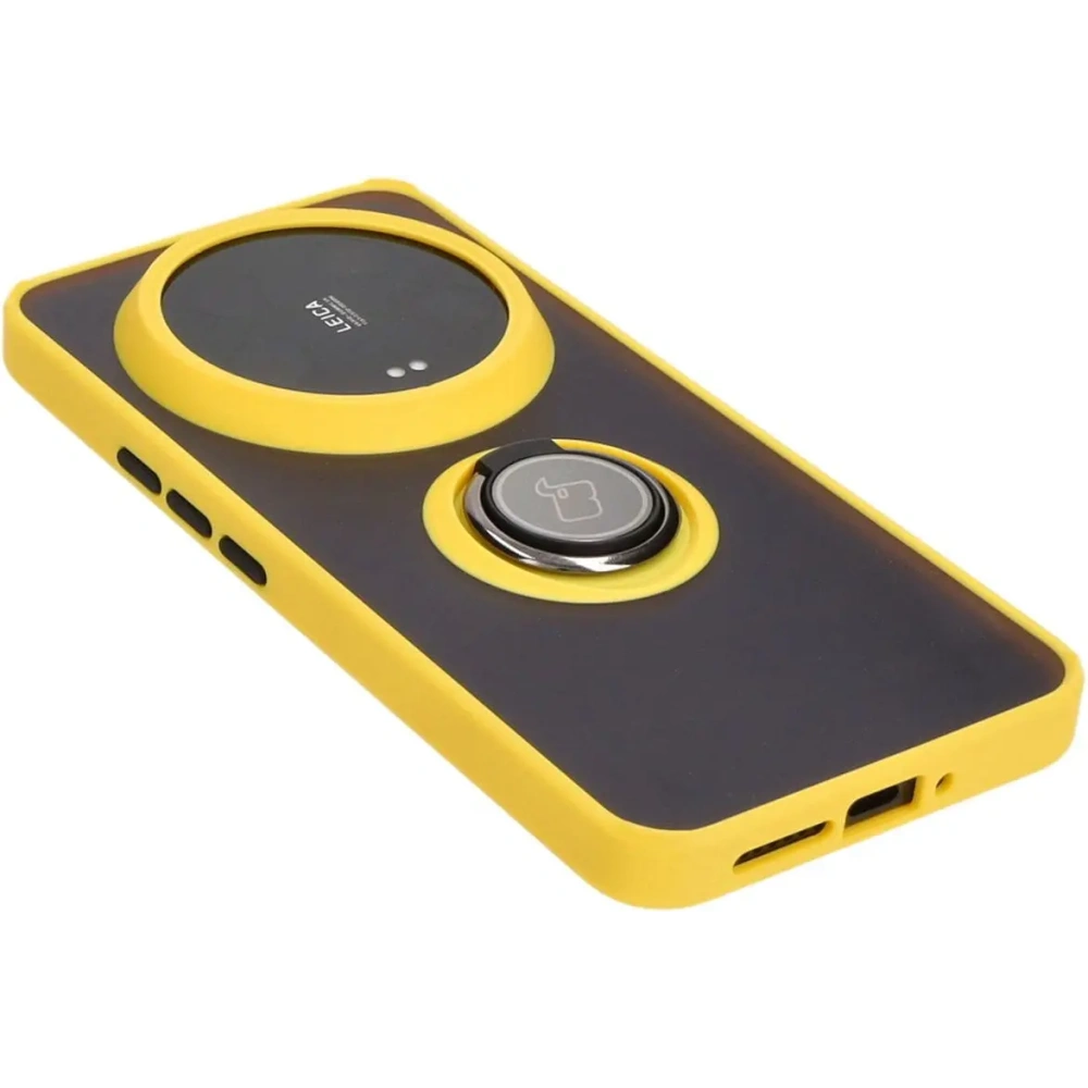 Etui z uchwytem na palec Bizon Case Hybrid Ring do Xiaomi 14 Ultra przydymione z żółtą ramką