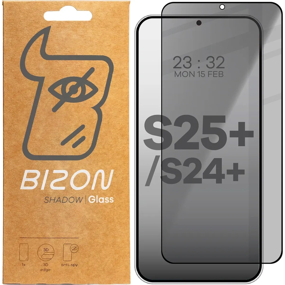 Prywatyzujące szkło hartowane Bizon Glass Edge Shadow do Samsung Galaxy S25 Plus / S24 Plus przyciemniane z czarną ramką