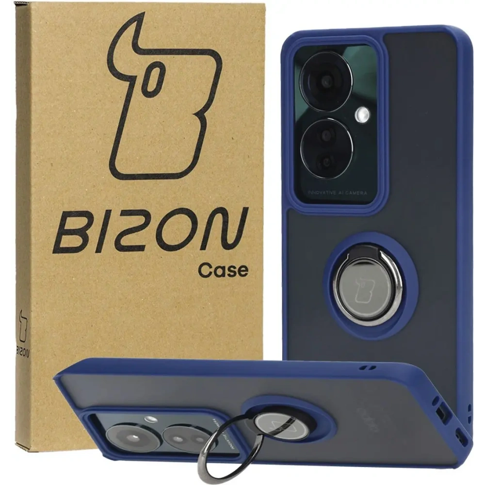 Etui z uchwytem na palec Bizon Case Hybrid Ring do Oppo Reno11 F 5G przydymione z granatową ramką